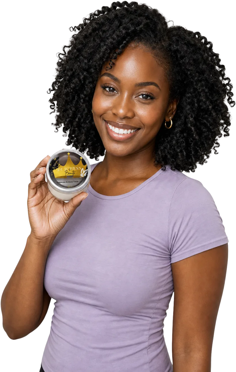 A smiling woman holding a jar of Dutchess Seamoss & Aloe Vera whipped body butter